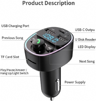 FM Bluetooth transmitter W/ TYPE C ports